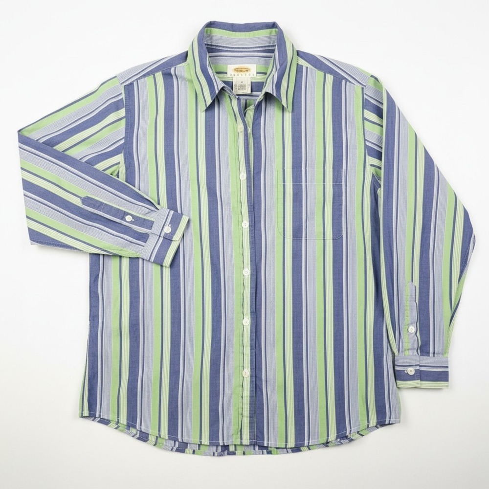 VTG Talbots Top Women SP Petite Blue Green White Striped Button Up Casual Career